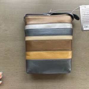 Leather Striped Mini Crossbody Bag in Gray, Tan & Gold